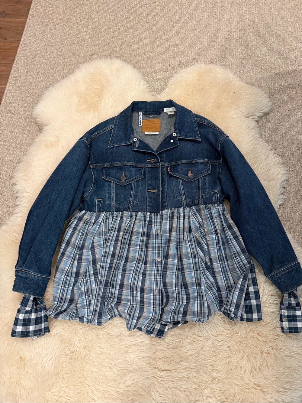 Tricia Fix x re_nuuly Levi’s plaid peplum denim jacket oversized xs